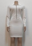 Women Spring White Sexy Turn-down Collar Full Sleeves Solid Zippers Mini Bodycon Dress