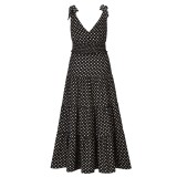 Women Summer Black Romantic V-neck Sleeveless Dot Print Ruffles Maxi Dress