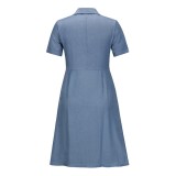 Women Summer Blue Turn-down Collar Short Sleeves Solid Button Midi A-line Casual Dress