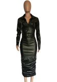 Women Spring Black Sexy Turn-down Collar Full Sleeves Solid PU Leather Zippers Pleated Midi Dress