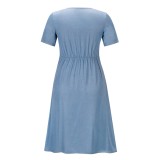 Women Summer Blue Sweet V-neck Short Sleeves Solid Bow Midi Mermaid Casual Dress