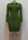 Women Spring Green Sexy Turn-down Collar Full Sleeves Solid Zippers Mini Bodycon Dress
