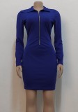 Women Spring Blue Sexy Turn-down Collar Full Sleeves Solid Zippers Mini Bodycon Dress