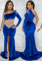 Women Spring Blue Formal One Shoulder Full Sleeves Patchwork Velvet Beading Slit Mermaid Evening Dress