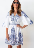 Women Summer Blue Vintage V-neck Half Sleeves Floral Print Mini Loose Holiday Dress