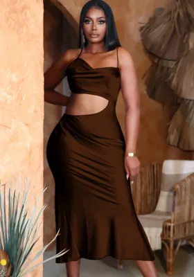 Women Summer Brown Romantic Strap Sleeveless Solid Hollow Out Irregular Long Dress