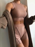 Women Summer Nude Casual O-Neck Sleeveless High Waist Solid Skinny Two Piece Shorts Set