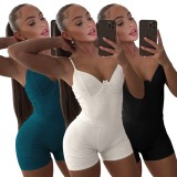 Women Summer Black Sexy V-neck Sleeveless bodysuit Solid Skinny Two Piece Shorts Set