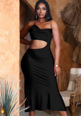 Women Summer Black Romantic Strap Sleeveless Solid Hollow Out Irregular Ruffles Long Dress