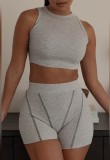 Women Summer Grey Casual O-Neck Sleeveless High Waist Solid Skinny Two Piece Shorts Set