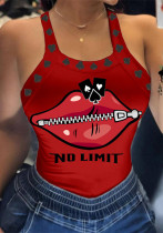Women Summer Red Sexy Square Collar Sleeveless lip letter Print T-Shirt