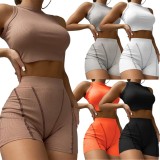 Women Summer White Casual O-Neck Sleeveless High Waist Solid Skinny Two Piece Shorts Set