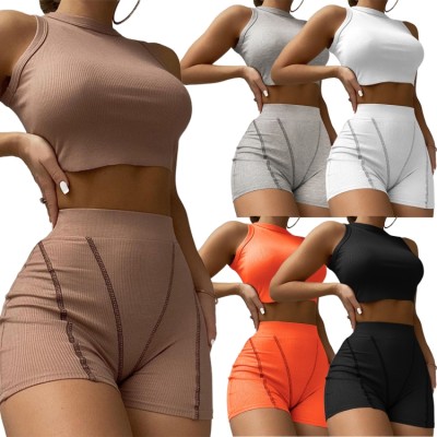 Women Summer Orange Casual O-Neck Sleeveless High Waist Solid Skinny Two Piece Shorts Set