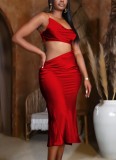 Women Summer Red Romantic Strap Sleeveless Solid Irregular Hollow Out Ruffles Long Dress
