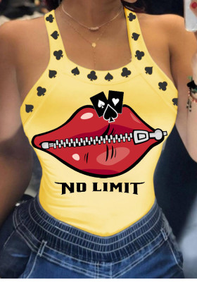 Women Summer Yellow Sexy Square Collar Sleeveless lip letter Print T-Shirt