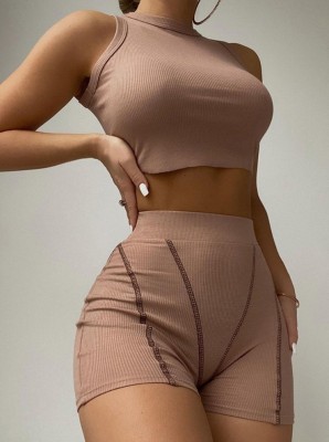 Women Summer Nude Casual O-Neck Sleeveless High Waist Solid Skinny Two Piece Shorts Set