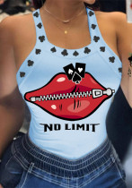 Women Summer LT-Blue Sexy Square Collar Sleeveless lip letter Print T-Shirt
