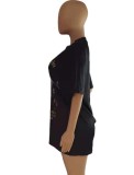 Women Summer Black Streetwear O-Neck Short Sleeves Print Long T-Shirt