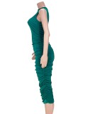Women Summer Green Sexy O-Neck Sleeveless Solid Ruffles Midi Dress