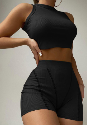 Women Summer Black Casual O-Neck Sleeveless High Waist Solid Skinny Two Piece Shorts Set