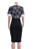 Women Summer Printed Formal Turn-down Collar Short Sleeves Patchwork Midi Office Dress