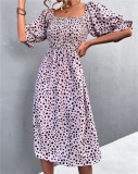 Women Summer Pink Romantic Square Collar Puff Sleeves Leopard Print A-line Holiday Dress