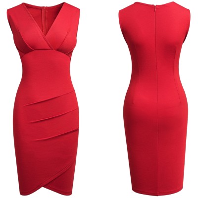 Women Summer Red Sexy V-neck Sleeveless Solid Pleated Mini A-line Club Dress