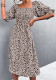 Women Summer Khaki Sweet Square Collar Puff Sleeves Leopard Print Fit and Flare Holiday Dress