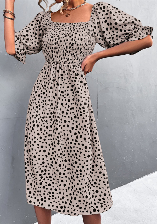 Women Summer Khaki Sweet Square Collar Puff Sleeves Leopard Print Fit and Flare Holiday Dress