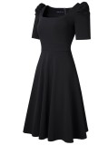 Women Summer Black Vintage Square Collar Short Sleeves Solid A-line Midi Dress