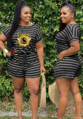 Women Summer Printed Casual O-Neck Short Sleeves Striped Print Regular Rompers