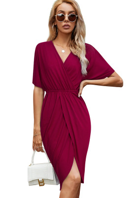 Women Summer Burgunry Modest V-neck Short Sleeves Solid Asymmetrical Office Dress