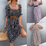 Women Summer Black Vintage Square Collar Puff Sleeves Leopard Print A-line Holiday Dress