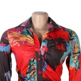 Women Spring Printed Sexy Turn-down Collar Full Sleeves Short Blouse