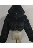 Women Winter Black Full Sleeves Solid Hooded Short Fur Coat