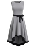 Women Summer Grey Vintage O-Neck Sleeveless Solid Bow A-line Midi Dress