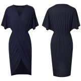 Women Summer Blue Modest V-neck Short Sleeves Solid Asymmetrical Office Dress