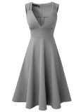 Women Summer Grey Sexy V-neck Sleeveless Solid A-line Midi Dress