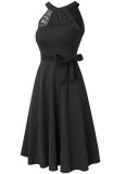 Women Summer Black Vintage Halter Sleeveless Solid Lace Bow A-line Midi Dress
