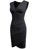 Women Summer Black Sexy V-neck Sleeveless Solid Pleated Mini A-line Club Dress