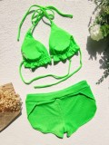 Women Green Halter Solid Ruffles Two Piece Swimwear