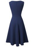 Women Summer Blue Formal V-neck Sleeveless Solid A-line Midi Dress