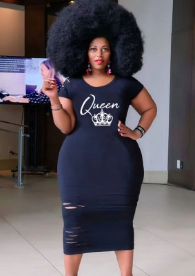 Women Summer Black Casual O-Neck Short Sleeves Letter Print Midi Pencil Plus Size Casual Dress