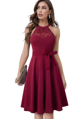 Women Summer Burgunry Vintage Halter Sleeveless Solid Lace Bow A-line Midi Dress