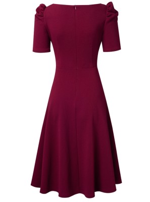 Women Summer Burgunry Vintage Square Collar Short Sleeves Solid A-line Midi Dress