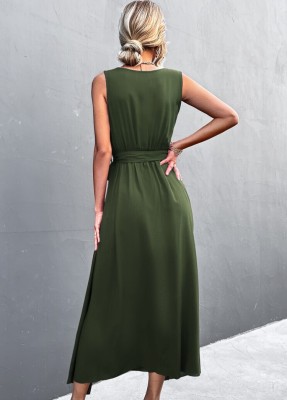Women Summer Green Modest V-neck Sleeveless Solid Belted A-line Holiday Dress