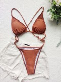 Women Brown High-Leg Strap Solid One Piece Swimsuit