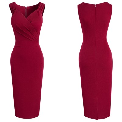 Women Summer Burgunry Formal V-neck Sleeveless Solid Pleated Midi Pencil Office Dress