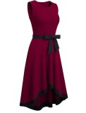 Women Summer Burgunry Vintage O-Neck Sleeveless Solid Bow A-line Midi Dress