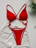Women Red High-Leg Strap Solid One Piece Swimsuit